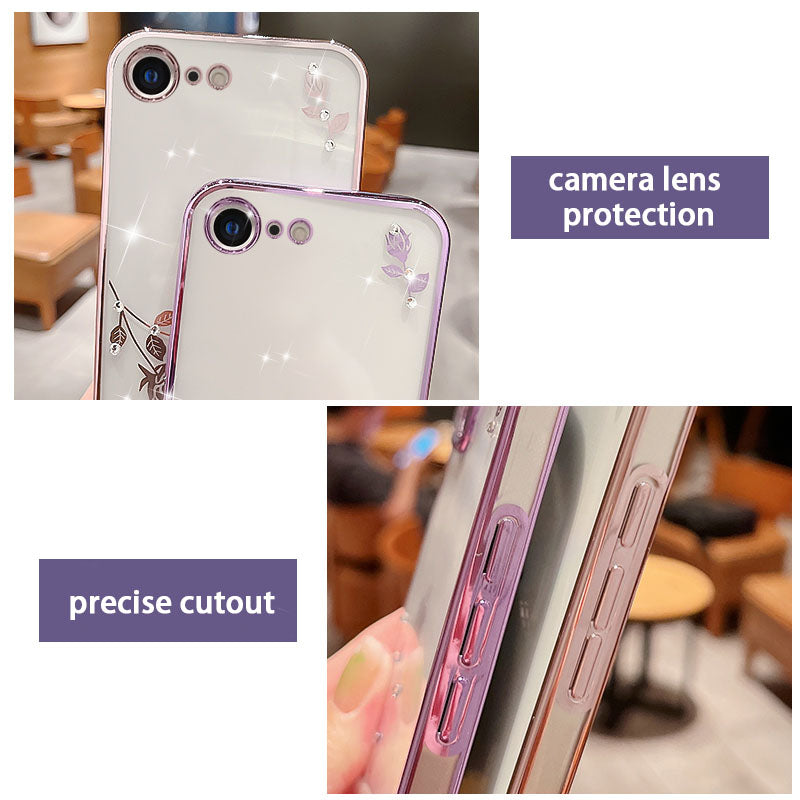 For iPhone SE (2022) (2020) iPhone 8 7 4.7 inch Flower Pattern Rhinestone Phone Case Glitter Powder Electroplating TPU Cover For iPhone SE (2022) (2020) iPhone 8 7 4.7 inch Flower Pattern Rhinestone Phone Case Glitter Powder Electroplating TPU Cover